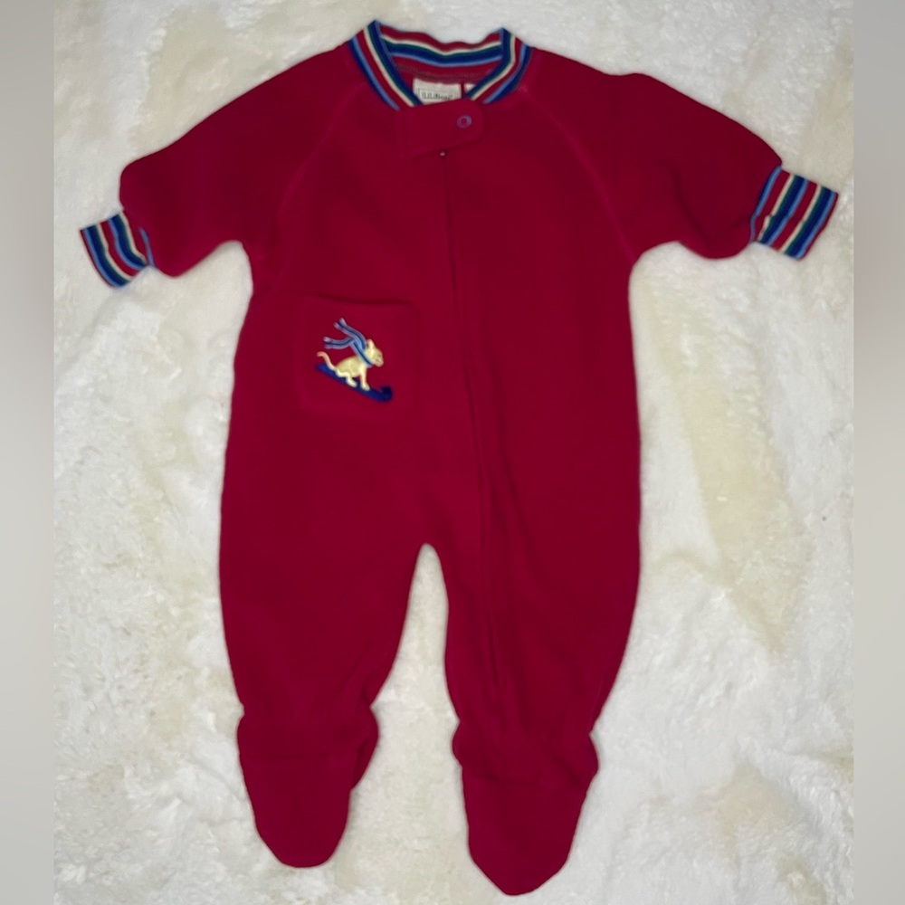 L.L.Bean Red Fleece Full Zip Sleeper with sledding dog -3-6Months
